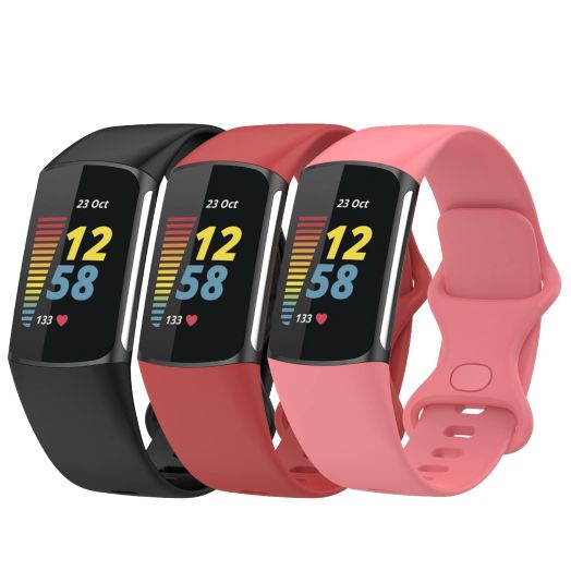 eiEuuk 3PCS Sport Bands Compatible with Fitbit Charge 5 Smartwatch Accessory,Soft Silicone Watch Wristbands Bracelet Replacement for Charge5 Women Men,Black/Red/Rose red,Large AfbCharge5WBgfL1163