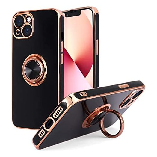 DOGODON Design for iPhone 13 Case, Built-in 360° Rotatable Ring Holder Magnetic Kickstand Soft Silicone Ultra Slim Edge Plating Protective Cover 2021 6.1 Inch (Black)