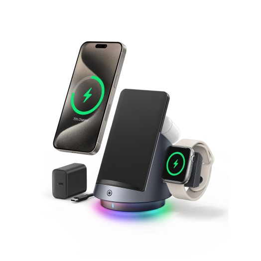 3 in 1 Charging Station for Apple Products,Wireless Charging Stand for Apple Watch/AirPods,Rotating & RGB Light Adjust,Wireless Charger for iPhone 15 14 13 12 11 Pro Max Plus,iWatch 1-9/Ultra