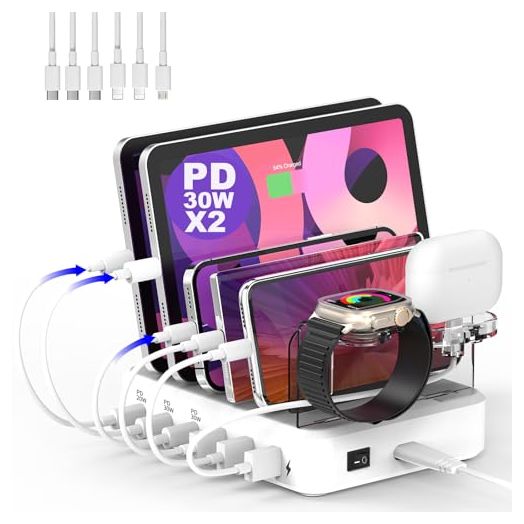 Charging Station for Multiple Devices-100W 6 Port Charger Station with 3 PD USB-C Fast Port, 6 Short Cables, Charging Dock Designed for Apple iPhone iPad Android (Watch Charger NOT Included)