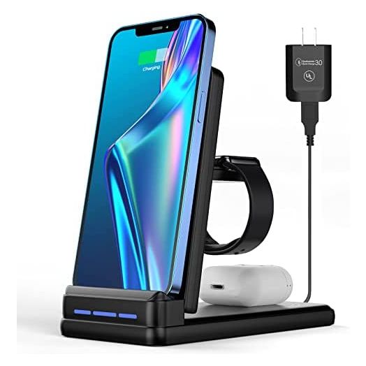 Charging Station for Multiple Devices Apple, DNTGVUP Foldable 3 in 1 Wireless Charger for iPhone 13 Pro/13/12/12 Pro/11/XS/XR/X/8, Charger Stand Compatible with Apple AirPods Watch S2-S7/SE Black