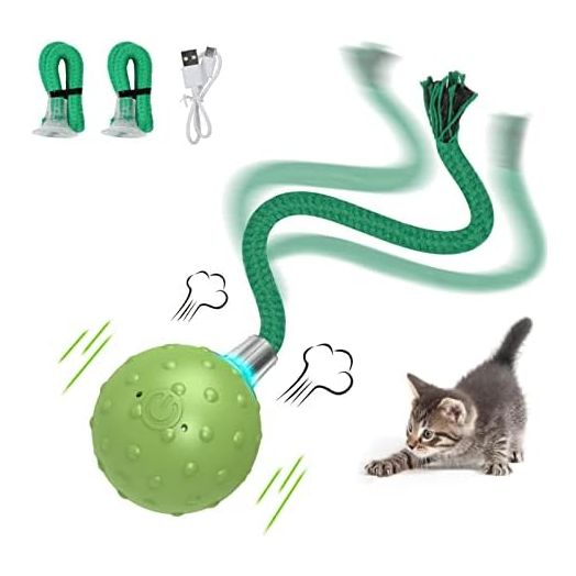 Interactive Cat Ball Toy,Motion Activated Automatic Moving Ball Toy with Long Tail Teaser/Simulation Bird Sound/USB Rechargeable Cat Toys Self Play