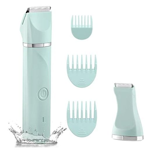 Waterproof Bikini Trimmer Women Electric Razor for Bikini Legs Pubic Hair Rechargeable Electric Shaver for Women Hair Removal with Snap-in Ceramic Blades IP7X Washable Head,Wet and Dry Use,Green