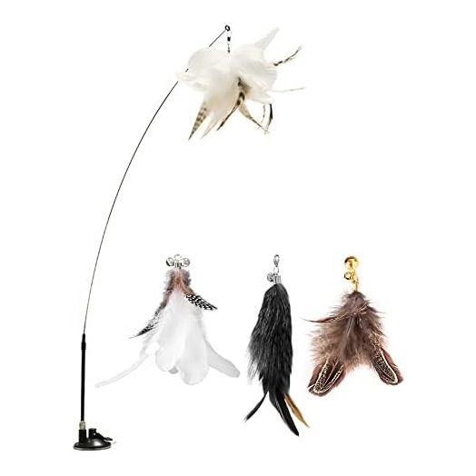 DONGKER Cat Feather Toys, Detachable Cat Teaser Wand with 3 Replacement Feather Heads & Suction Cup for Cat Kitten Christmas Xmas Gifts Party