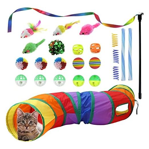 FuninCrea 24 PCS Cat Toys Kitten Toys Assortments, Cat Tunnels for Indoor Cats Variety Cat Toy Pack Fluffy Mouse, Spring Cat Toys, Crinkle Balls Cat Toys for Indoor Cats Kitten
