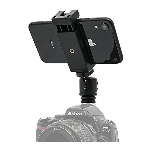 Camera Hot Shoe Phone Holder, Flexible Phone Tripod Mount Adapter with Cold Shoe Mount for Microphone LED Light for iPhone Samsung Pixel Canon Nikon DSLR Camera Photography