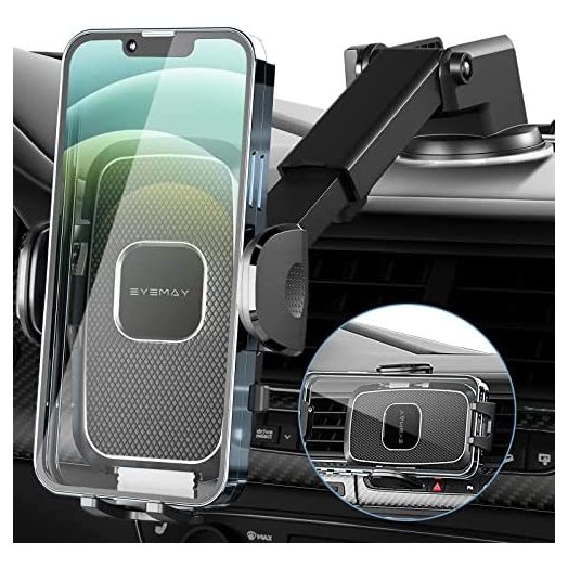 EYEMAY Car Phone Holder Mount - Mechanical Car Holder 2 in 1, Fit for 4.7-6.7inch Phones, Phone Mount for Car Dashboard Windshield Vent, Hand Free Mount for iPhone 12 13 Pro Max Samsung Cell Phones