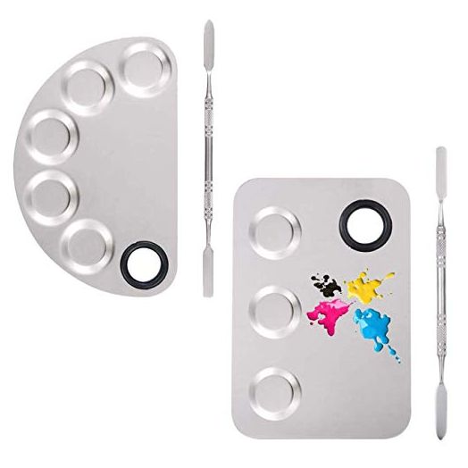 TIHOOD 2PCS 5-well / 3-well Makeup Palette with Spatula, Stainless Steel Nail-art Cosmetic Artist Mixing Palette for Mixing Foundation 6''x4'' Silver