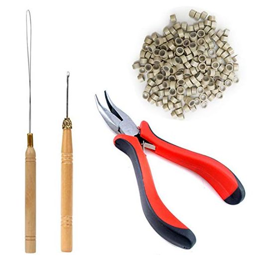 TIHOOD Hair Extension Kit Pliers Pulling Hook Bead Device Tool Kits and 200PCS Beige Silicone Lined Micro Rings(Beige)