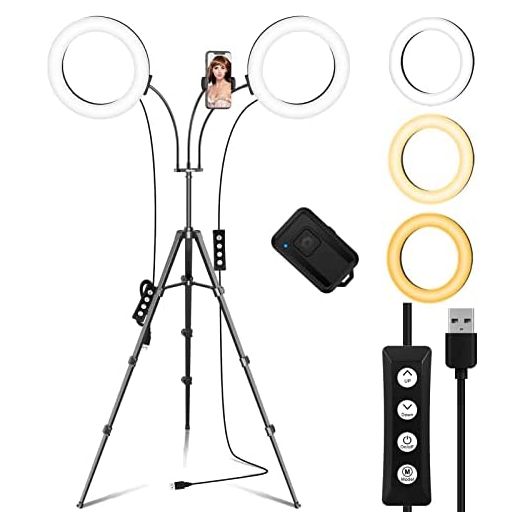 Dual 8" Ring Light with Stand (Equals One 14" Ring Light ), LED Light Ring for Vlog/Makeup/YouTube/Video Shooting, Remote Shutter, Compatible with iPhone & Android