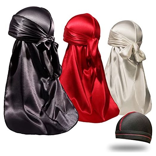 ForceWave 4 Pieces Silky Durags and Wave Cap Pack for Men Waves, Moisture-Tech Fabric Satin Du-Rag