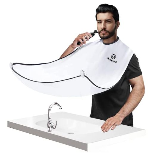 Beard Trimming Catcher Bib - Beard Bib Hair Catcher Apron, Men's Beard Shaving Trimming Cape, Anti Stick Beards, with Strong Suction Cups, Gifts for Husband Father, White