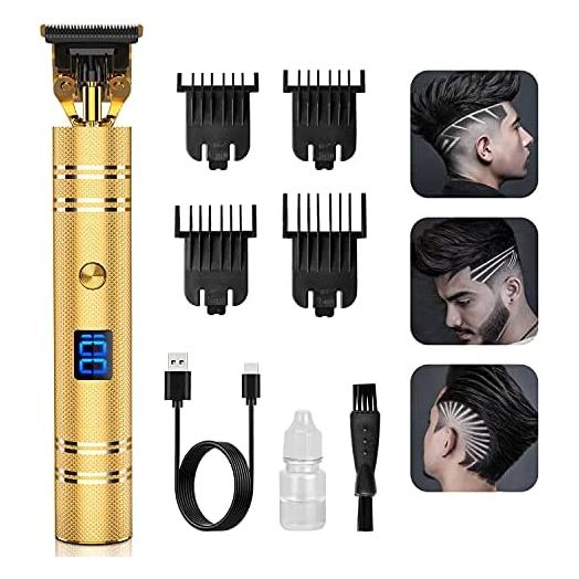 Hair Trimmer, Qhou Newest T-Blade Outline Trimmer for Men, Electric Pro Li Cordless Trimmer Zero Gapped Detail Liners for Men Barbershop Beard Shaver Rechargeable Hair Clippers with LED Display-Gold