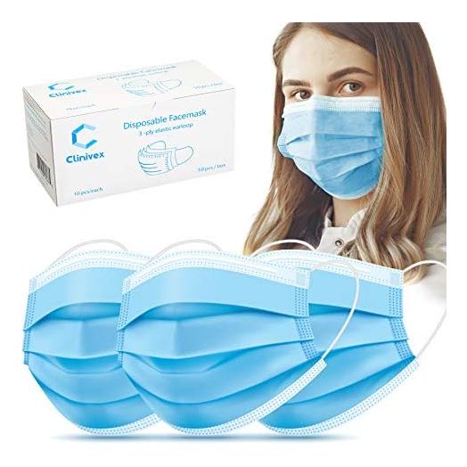 Clinivex Disposable Face Masks 3-Ply Breathable Face Masks with Nose Wire Blue (Pack of 50)