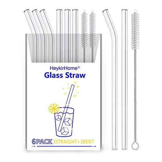 HeykirHome Reusable Glass Straw, 8''x10 MM, with Cleaning Brush (6 Pack)