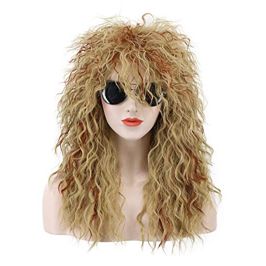 Karlery Men Women Long Curly Orange Mix Blonde 70s Heavy Metal Rocker Mullet Wig 80s Costume Anime Wig