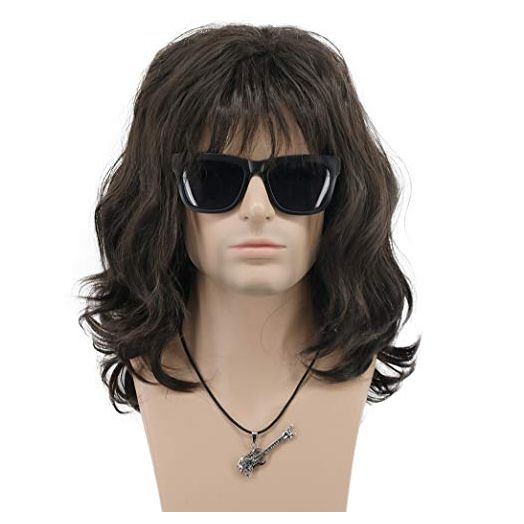 VGbeaty 70s 80s Punk Rocker Party California Wig Men Women Long Wave Dark Brown Halloween Costume Cosplay Wig