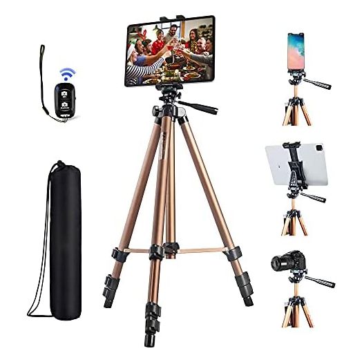 IPad Tripod Stand Universal Tablet Phone Mount Holder 51in Lightweight with Bluetooth Remote for iPad Pro 12.9 11 10.5,iPad Air Mini,Surface Tab,Galaxy Tab and 3.5 to 13.5in iPhone Tablet - Champagne