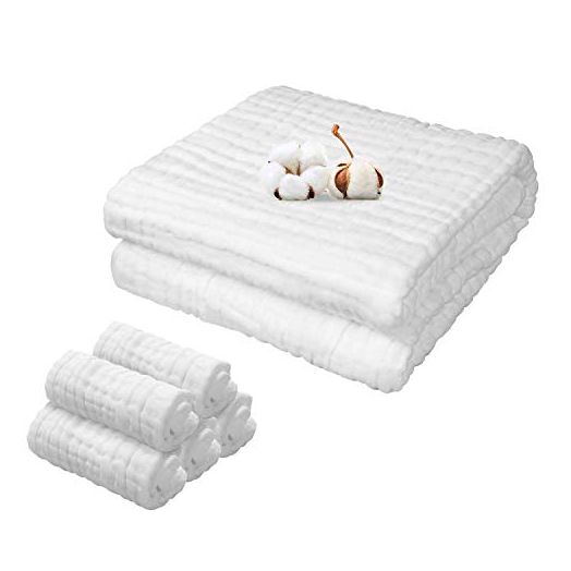 Baby Towels Muslin Washcloths Set - 1 Large Bath Blanket(41"x41") & 5 Washcloths(10"x10"), 6 Layers 100% Cotton, Super Absorbent and Soft, Suitable for Newborn Infant