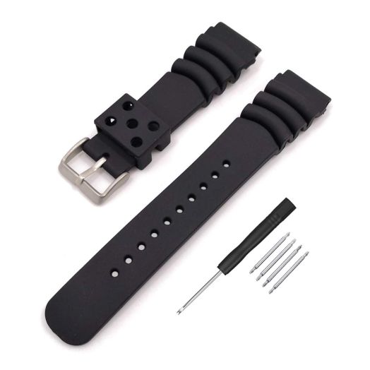 Black Silicone Rubber Curved Line Watch Band 20mm 22mm 24mm Extra Long Replacement Divers Model Sport Watch Strap for Men and Women (18mm)