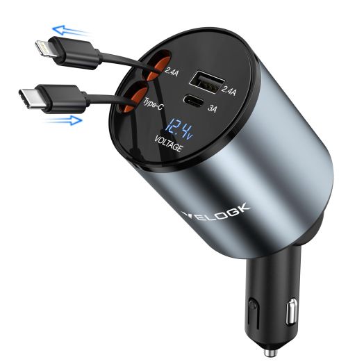 Retractable Car Charger 60W(Max), 4 in 1 Type C Super Fast Car Charger Adapter with Two Retractable iPhone Charger Cables and Two Car Phone Charger Ports for iPhone 15/14/iPad,Samsung S24/S23,Google
