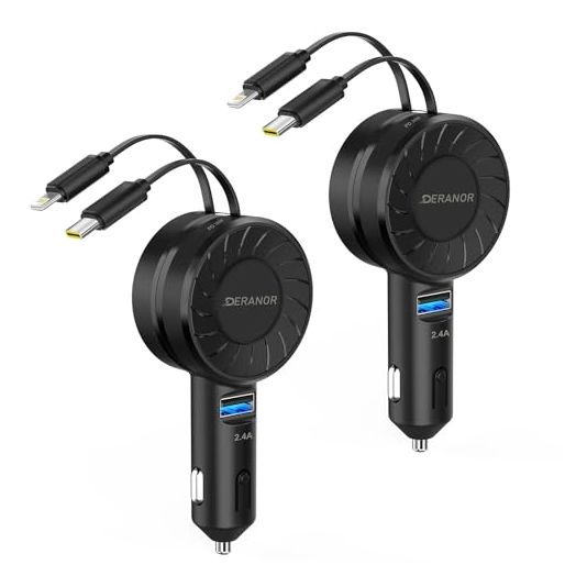 [2 Pack] Ultra-Small Retractable Car Charger 54W, 3 in 1 Retractable Phone Charger for Car Super Fast Car Charger with Retractable Cord X2 and USB A Charging Port for iPhone 15/14/13,Galaxy S24/S23