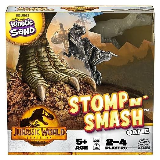 Jurassic World Dominion, Stomp N’ Smash Board Game Sensory Dinosaur Toy with Kinetic Sand Jurassic Park Movie Family Game, for Kids Ages 5 & up