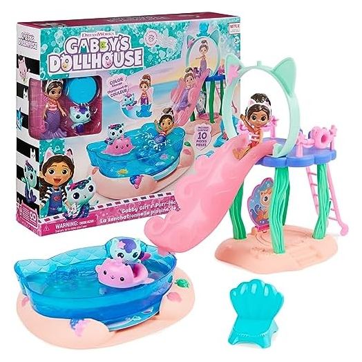 Gabby’s Dollhouse, Purr-ific Pool Playset with Gabby and MerCat Figures, Color-Changing Mermaid Tails and Pool Accessories Kids Toys for Ages 3 and Up
