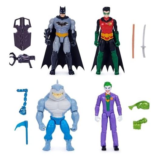 DC Comics, Batman and Robin vs. The Joker and King Shark, 4-inch Action Figures, Kids Toys for Boys and Girls Ages 3 and Up
