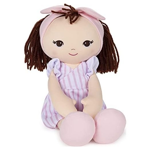 GUND Baby Toddler Doll Plush Brunette, Pink Striped Dress, 8"