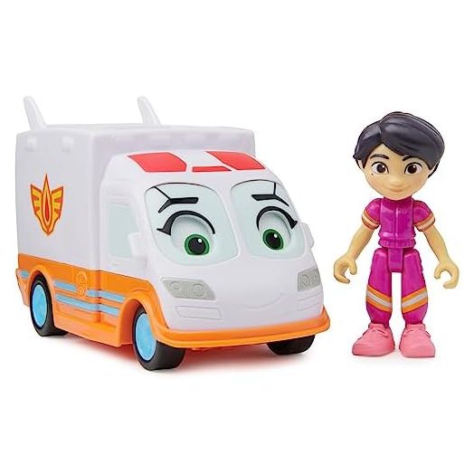 DC Comics Disney Junior Firebuds, Violet and Axl, Action Figure and Ambulance Toy with Interactive Eye Movement, Kids’ Toys for Boys and Girls Aged 3 and up