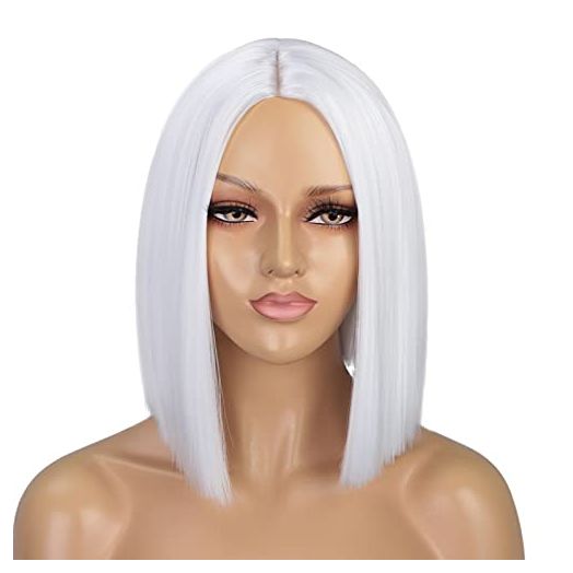 ENTRANCED STYLES White Wig Short Bob Wigs for Women 12Inch Heat Resistant Middle Part Straight Synthetic Wig Party Costume Halloween Cosplay Wig