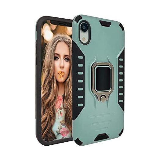 MODOS LOGICOS Case for iPhone XR, Dual Layers Shockproof Protective Phone Case with Built-in 360 Metal Rotating Ring Kickstand, Working with Any Magnetic Car Mounts, for iPhone 12 XR 6.1” - Green