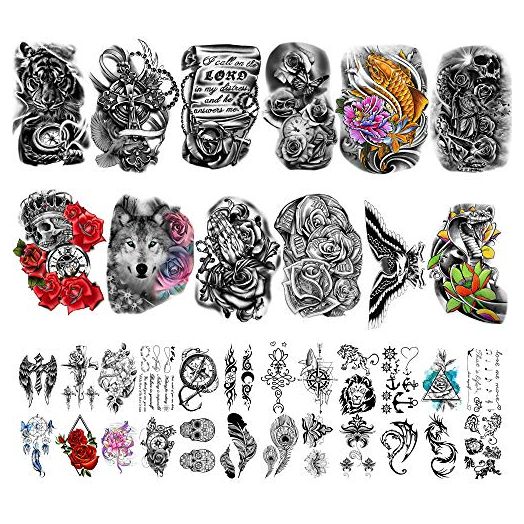 Yazhiji 36 Sheets Temporary Tattoos Stickers Include 12 Sheets Large Stickers Fake Body Arm Chest Shoulder Tattoos for Men and Women