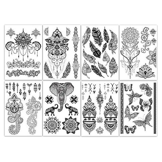 Yazhiji 8 sheets Extra Large Henna Mandala Temporary Tattoo Collection for Women and Girls Sexy Tattoo Stickers.