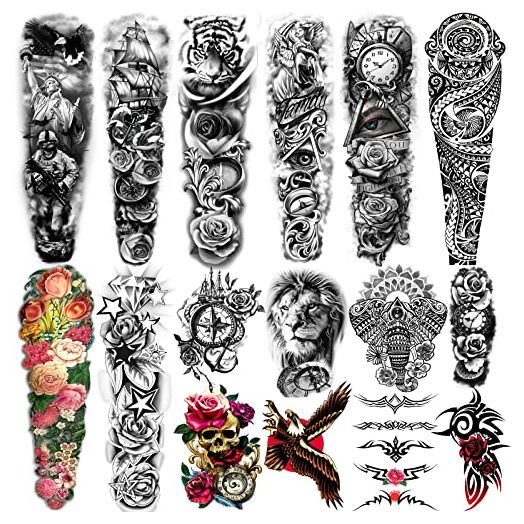 Yazhiji Extra Large Temporary Tattoos 8 Sheets Full Arm Fake Tattoos and 8 Sheets Half Arm Tattoo Stickers for Men and Women (22.83"X7.1")