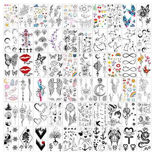 Yazhiji 60 Sheets Tiny Waterproof Temporary Tattoos, Moon Stars Constellations Music Compass Anchor Words Lines Flowers for Kids Adults Men and Women