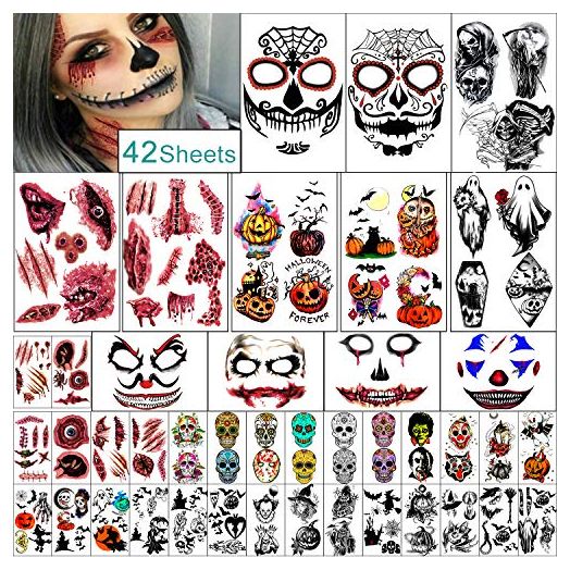 Yazhiji 42 Sheets Halloween Temporary Tattoo Family Set Day of Dead Pumpkin Ghost for Women Black Fake Death Skull Skeleton Tatoos for Men Boy and Girl, Halloween Zombie Makeup Tattoo Kit