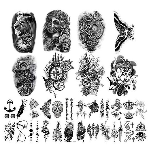 Yazhiji 32 Sheets Temporary Tattoos Stickers, 8 Sheets Fake Body Arm Chest Shoulder Tattoos for Men Women with 24 Sheets Tiny Black Temporary Tattoos