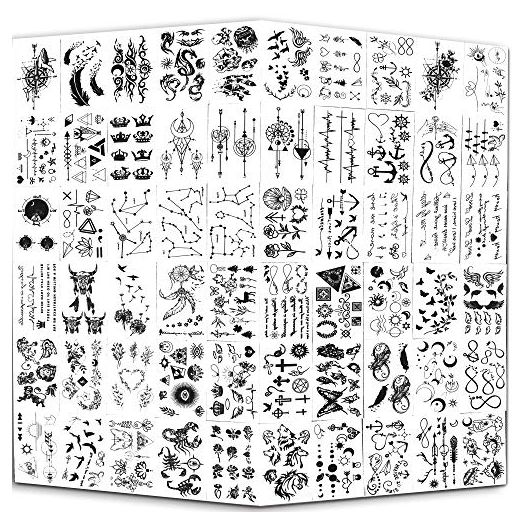 Yazhiji Tiny Waterproof Temporary Tattoos - 60 Sheets, Moon Stars Constellations Music Compass Anchor Words Lines Flowers for Kids Adults Men and Women.