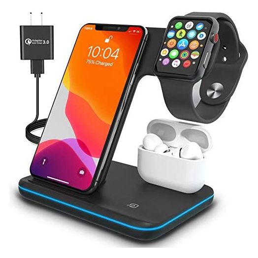 Wireless Charger, TPLISAK 3 in 1 Qi-Certified 15W Fast Charging Station for Apple iWatch 7/6/5/4/3/2/1,AirPods, Charging Stand for for iPhone 13/12/11 Series/XS MAX/XR/XS/X/8/8Plus(with QC3.0 Adapter)