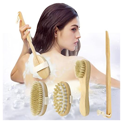 Dry Brush for Cellulite and Lymphatic, Dry Brushing Body Brush Set Natural Boar Bristles Exfoliating Back Scrubber with Long Handle Face Brush and Cellulite Massager for Dead Skin Removing 3 PCS