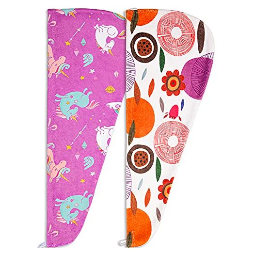 Microfiber Hair Towel, 2Pack Hair Drying Towel Unicorn Hair Towel Quick Dry Turban Towel Hair Wrap for Kids Girls Women