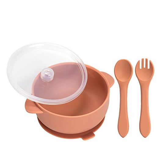 Baby Bowls, BPA Free Silicone Suction Bowls for Baby, Comes with Leak Proof Lids and Soft Spoon Fork, 100% Safe Self Training Feeding Bowl for Toddlers Kids and Babies (Muted)