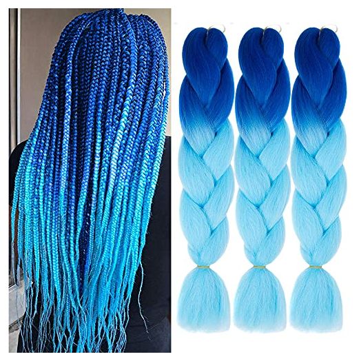 Jumbo Braiding Hair synthetic Ombre Braiding Hair 3 Pack 24 Inch High Temperature Synthetic Crochet Braids Hair Extensions(Blue/Sky Blue)