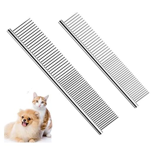 TanDraji Dog Combs for Grooming, 2 Pack Metal Dog Comb with Rounded Teeth, Stainless Steel Cat Comb for Removing Tangles and Knots for Long and Short Haired Dogs and Cats