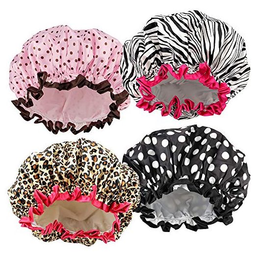 TCOTBE 4 Pieces Waterproof Shower Cap,Shower Caps for Women, Elastic Reusable Bathing Hair Cap Environmental Protection Hair Bath Caps, Double Waterproof Layers Bathing Shower Hat