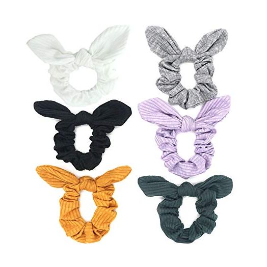 Bunny Ear Scrunchies Cotton Bow Hair Scrunchie Cute Knotted Bowknot Ribbon Ties Elastic Scrunchy Bands Ponytail Holder for Women, Girls (Black, White, Grey, Purple, Yellow, Dark Green)