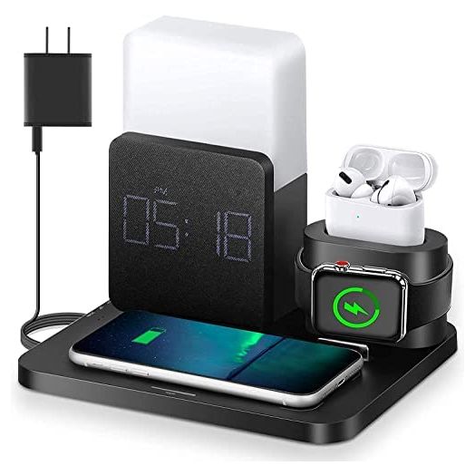 Wireless Charger,3 in 1 Fast Charging Station with Digital Alarm Clock and Night Light,Compatible for iPhone 13/13 Pro/12/12Pro Max/11 Series/XS Mas/XR/XS/8/8 Plus/iwatch/AirPods/Samsung Galaxy