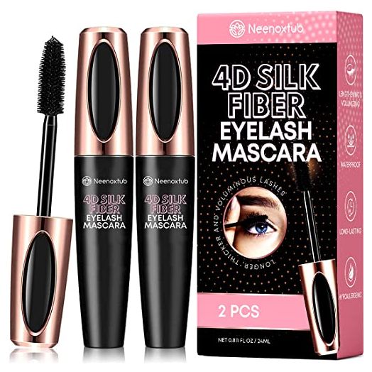 Neenoxtub 4D Silk Fiber Lash Mascara, Lengthening and Thick, Long Lasting, Waterproof & Smudge-Proof, Hypoallergenic Formula 2 Pack Black